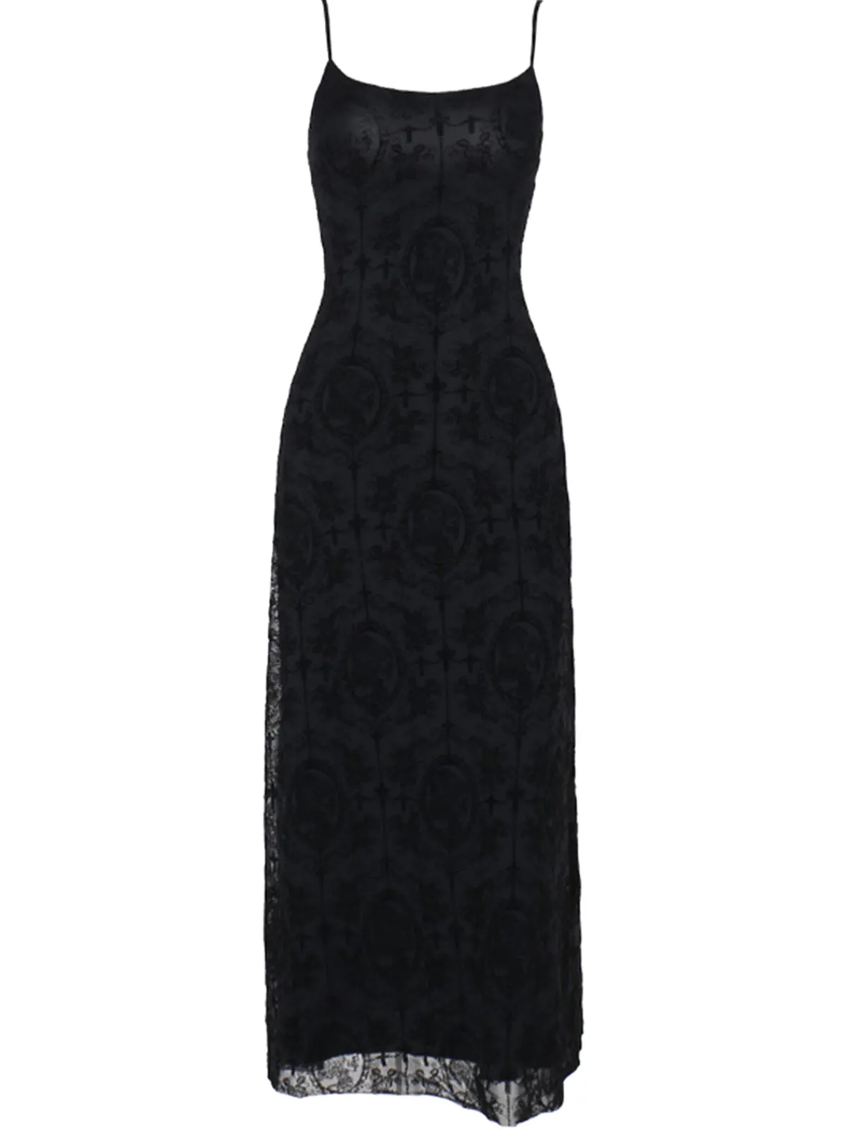 Outlet Retro Stage 1970s Spaghetti Strap Gothic Lace Maxi Dress Black