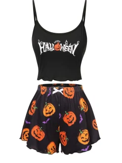 Discount Retro Stage 1960s Spaghetti Strap Halloween Pumpkin Pajamas Black & Orange