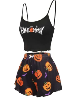 Discount Retro Stage 1960s Spaghetti Strap Halloween Pumpkin Pajamas Black & Orange