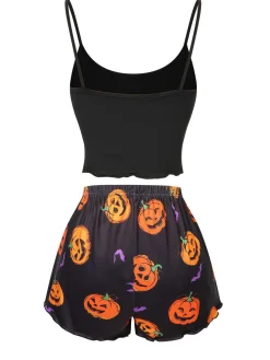 Discount Retro Stage 1960s Spaghetti Strap Halloween Pumpkin Pajamas Black & Orange