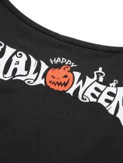 Discount Retro Stage 1960s Spaghetti Strap Halloween Pumpkin Pajamas Black & Orange