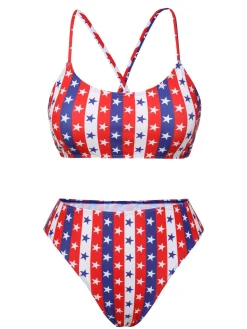 Outlet Retro Stage 1960s Spaghetti Strap Independence Day Swimsuit Multicolor