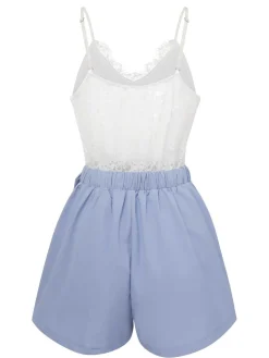 Hot Retro Stage 1950s Spaghetti Strap Lace Patchwork Romper Blue