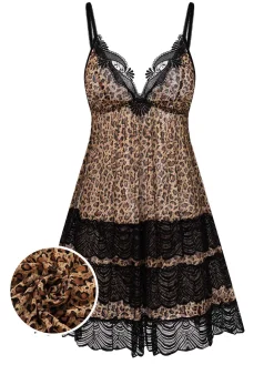 New Retro Stage 1940s Spaghetti Strap Leopard Lace Nightgown Brown