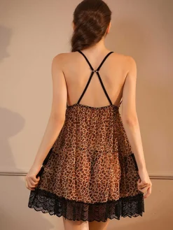 New Retro Stage 1940s Spaghetti Strap Leopard Lace Nightgown Brown