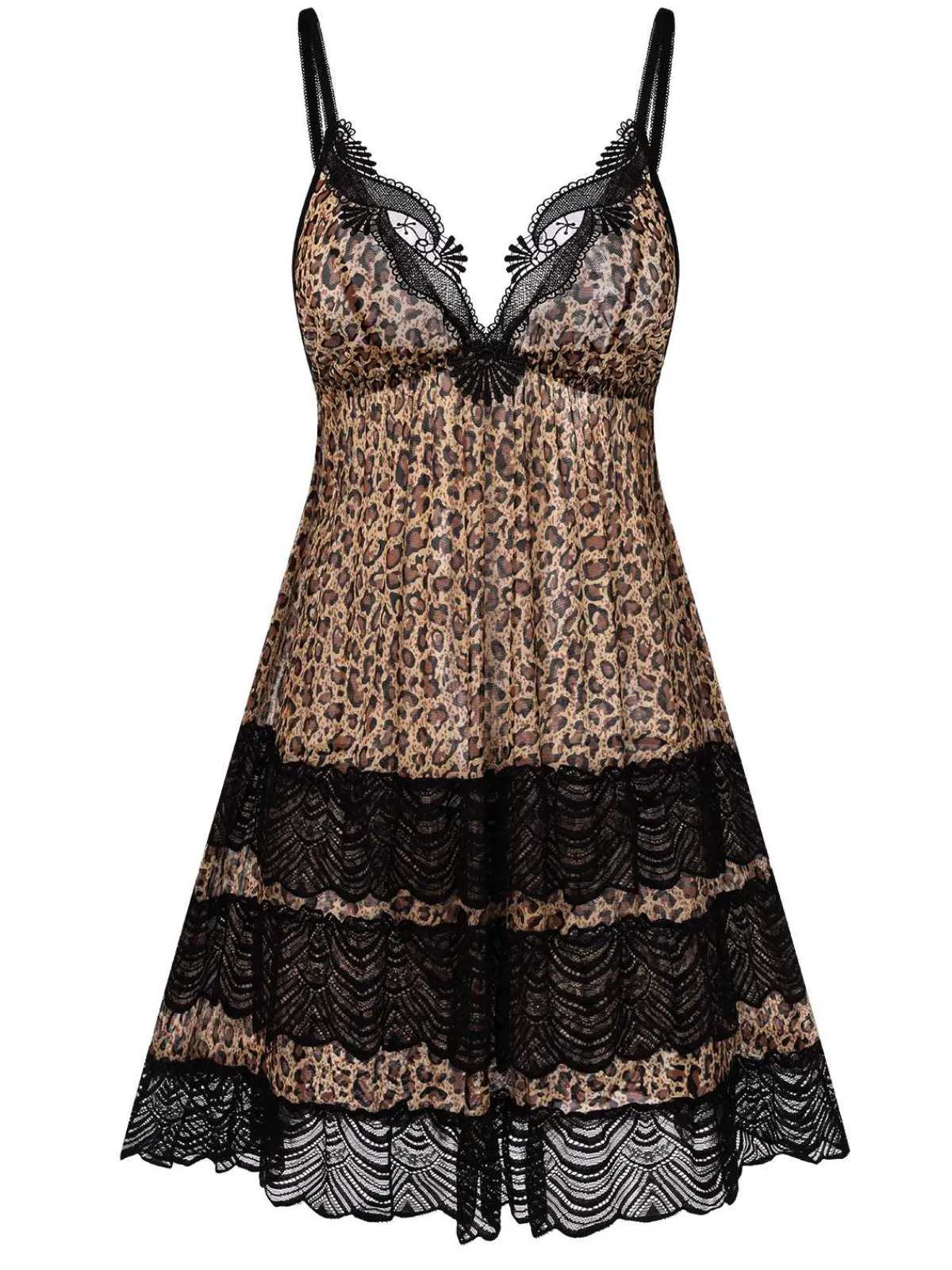 New Retro Stage 1940s Spaghetti Strap Leopard Lace Nightgown Brown