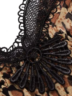 New Retro Stage 1940s Spaghetti Strap Leopard Lace Nightgown Brown