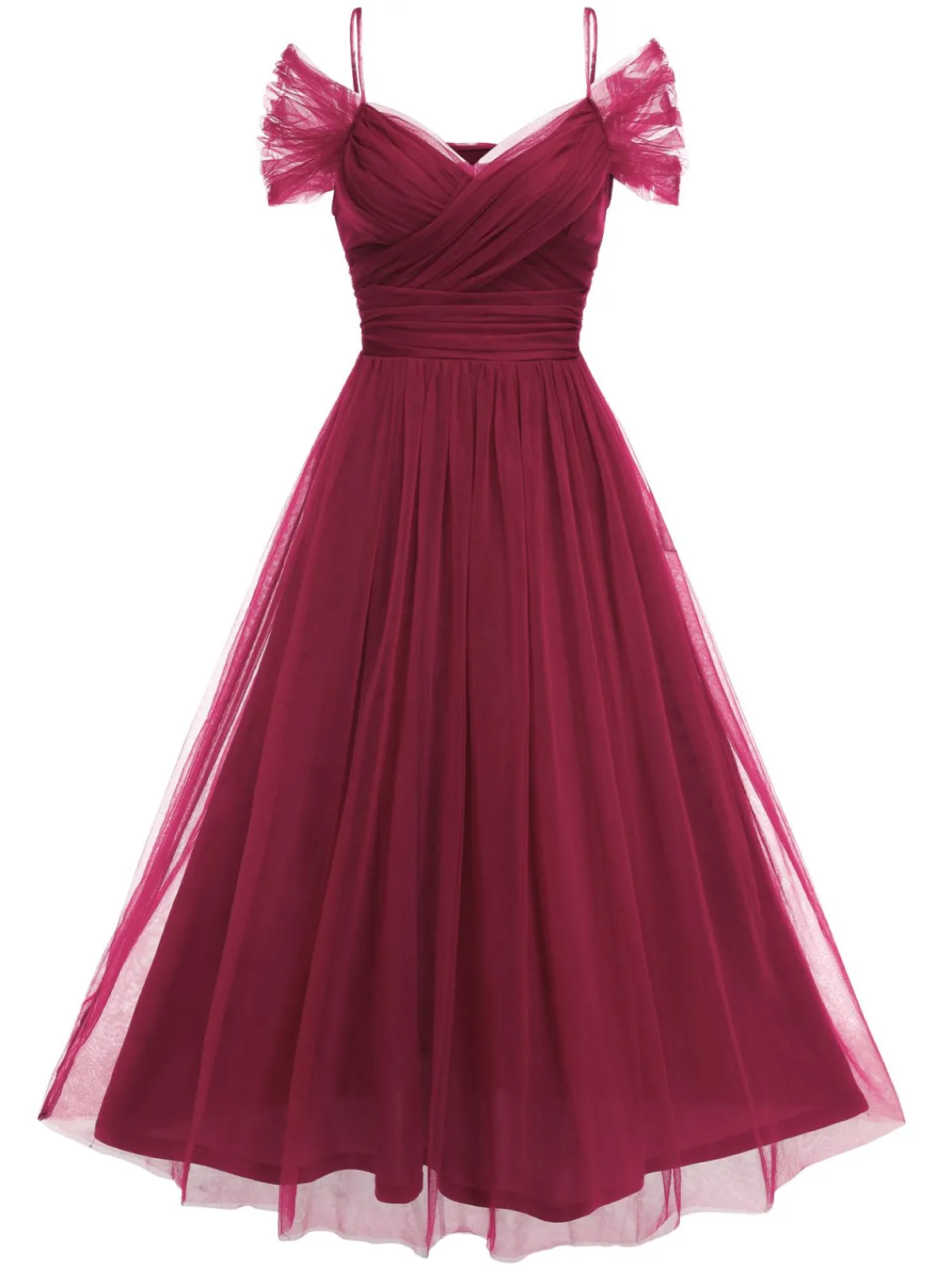 Best Retro Stage 1950s Spaghetti Strap Off-Shoulder Mesh Dress