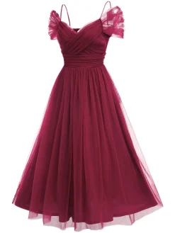Best Retro Stage 1950s Spaghetti Strap Off-Shoulder Mesh Dress