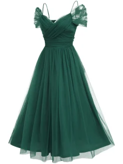 Best Retro Stage 1950s Spaghetti Strap Off-Shoulder Mesh Dress