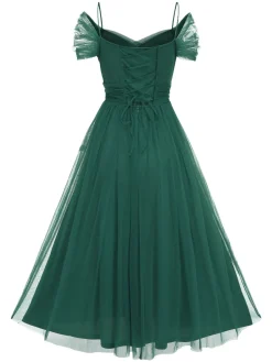 Best Retro Stage 1950s Spaghetti Strap Off-Shoulder Mesh Dress