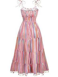 Best Retro Stage 1970s Spaghetti Strap Rainbow Stripes Tiered Dress Pale Pink