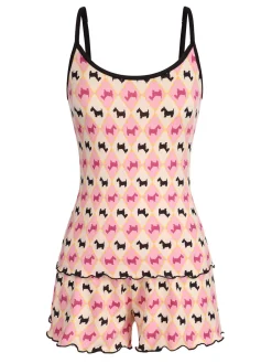 Sale Retro Stage 1960s Spaghetti Strap Ruffle Hem Cute Animal Pajama Set Multicolor