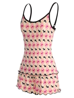 Sale Retro Stage 1960s Spaghetti Strap Ruffle Hem Cute Animal Pajama Set Multicolor