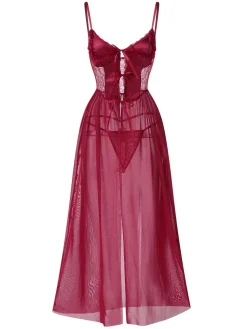 Clearance Retro Stage 1950s Spaghetti Strap Sheer Lace Satin Bow Nightgown