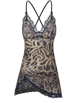 Fashion Retro Stage 1950s Spaghetti Strap Slit Leopard Lace Nightgown Brown