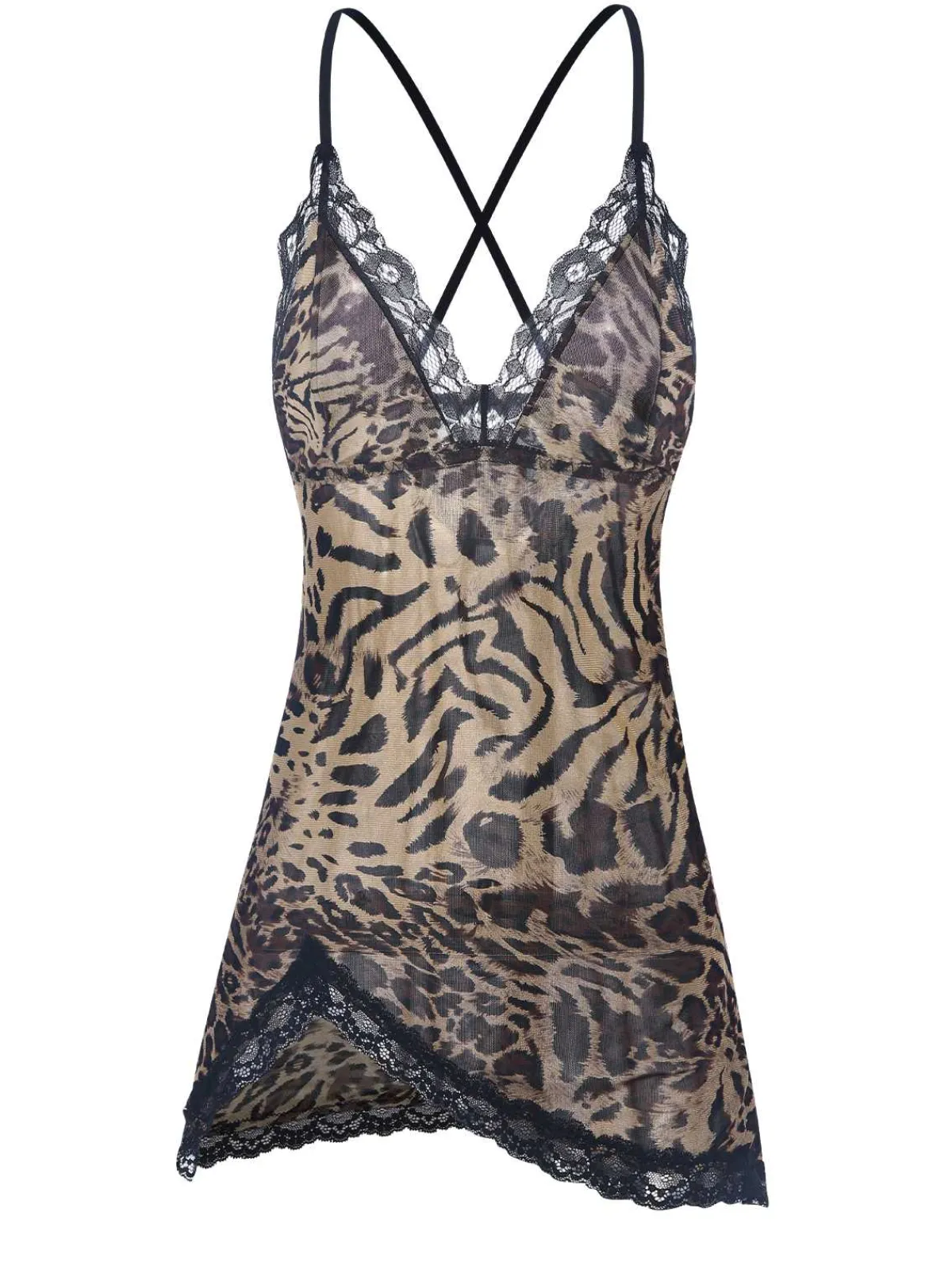 Fashion Retro Stage 1950s Spaghetti Strap Slit Leopard Lace Nightgown Brown
