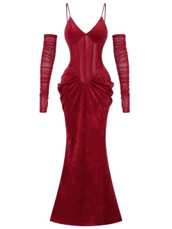 Hot Retro Stage 1930s Spaghetti Strap V-Neck Backless Velvet Dress Deep Red