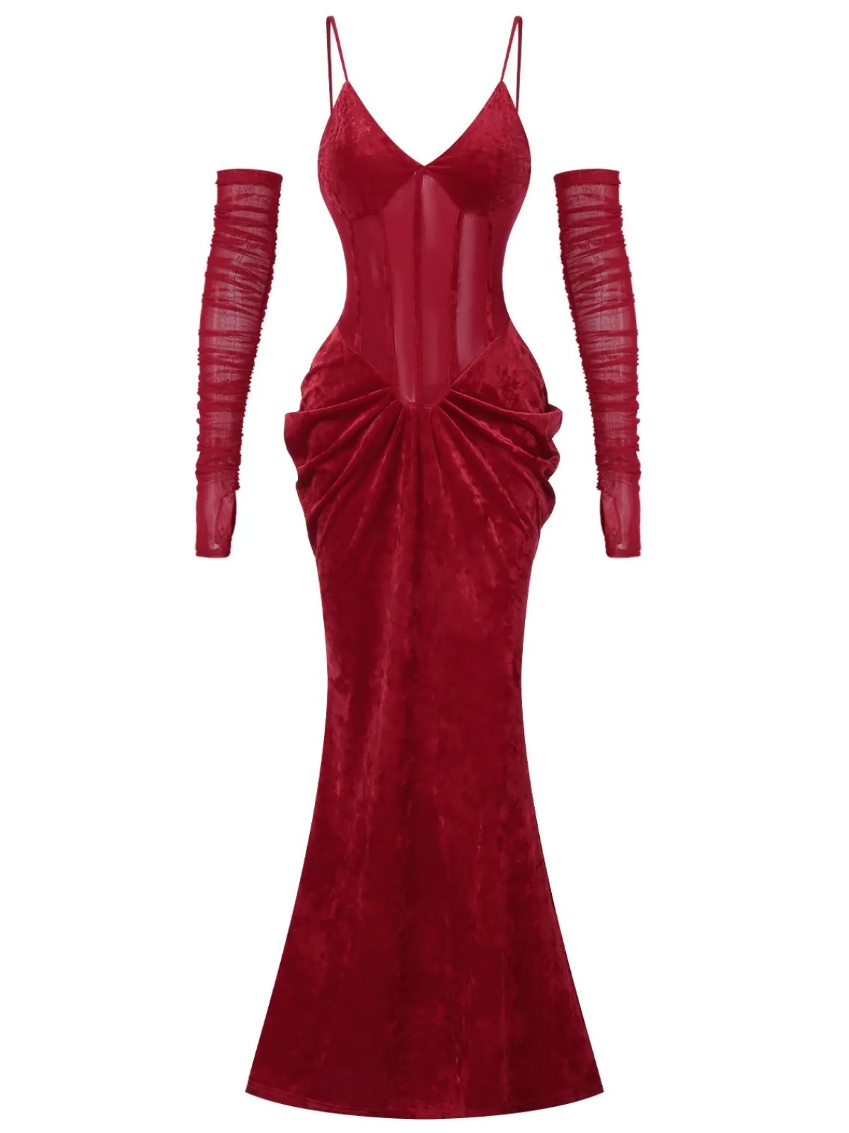 Hot Retro Stage 1930s Spaghetti Strap V-Neck Backless Velvet Dress Deep Red