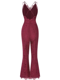 Fashion Retro Stage 1960s Spaghetti Strap V-Neck Lace Jumpsuit