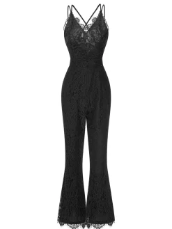 Fashion Retro Stage 1960s Spaghetti Strap V-Neck Lace Jumpsuit