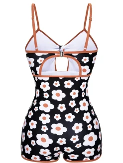 Clearance Retro Stage 1930s Spaghetti Straps Cartoon Flowers Boxer Swimsuit