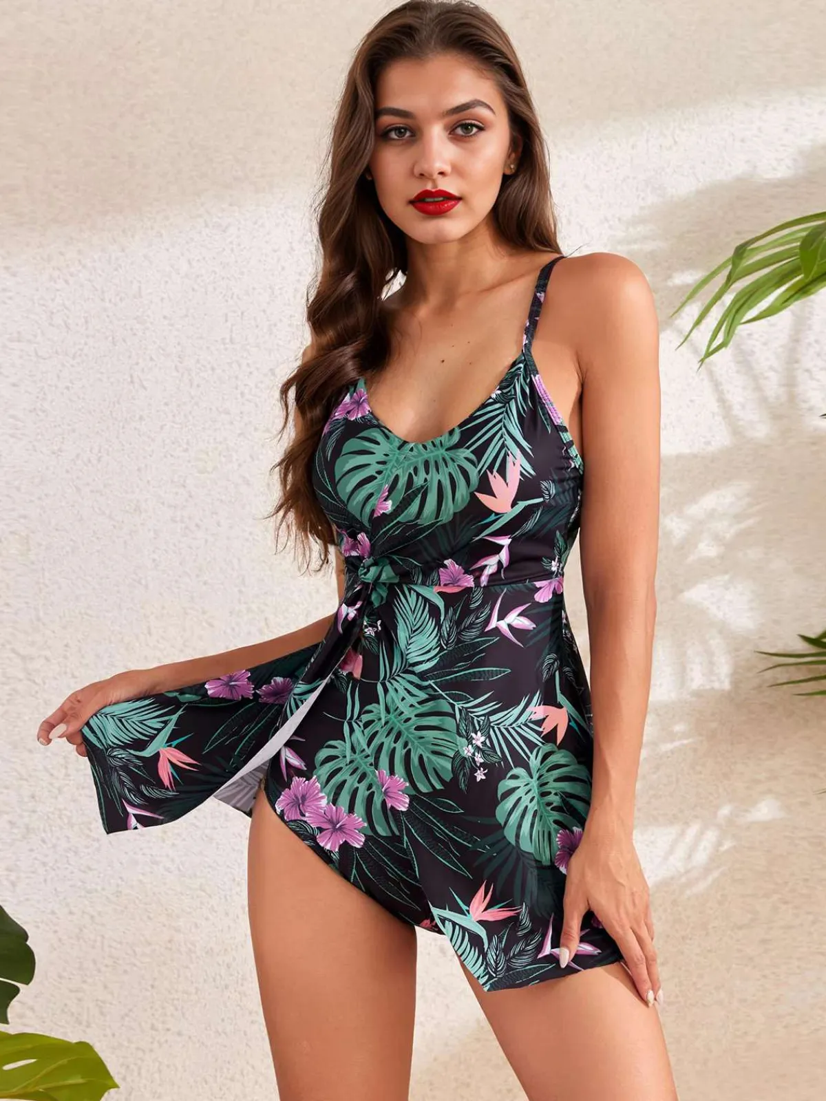 Hot Retro Stage 1940s Spaghetti Straps Floral Print Skirt Swimsuit