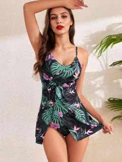 Hot Retro Stage 1940s Spaghetti Straps Floral Print Skirt Swimsuit