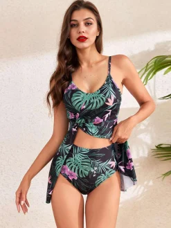 Hot Retro Stage 1940s Spaghetti Straps Floral Print Skirt Swimsuit
