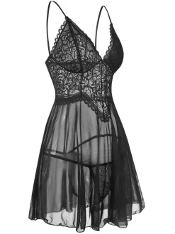 Best Retro Stage 1960s Spaghetti Straps Lace Sheer Nightgown