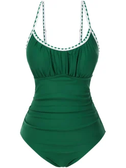 Sale Retro Stage 1940s Spaghetti Straps Ruched One-Piece Swimsuit