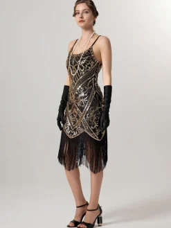 Clearance Retro Stage 1920s Spaghetti Straps Sequined Tassel Flapper Dress