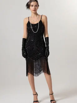 Clearance Retro Stage 1920s Spaghetti Straps Sequined Tassel Flapper Dress