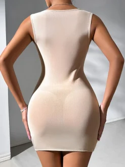 Outlet Retro Stage 1980s Square Neck Crystal Bodycon Dress Beige