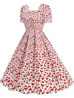 Online Retro Stage 1950s Square Neck Heart Dots Dress