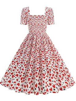 Online Retro Stage 1950s Square Neck Heart Dots Dress
