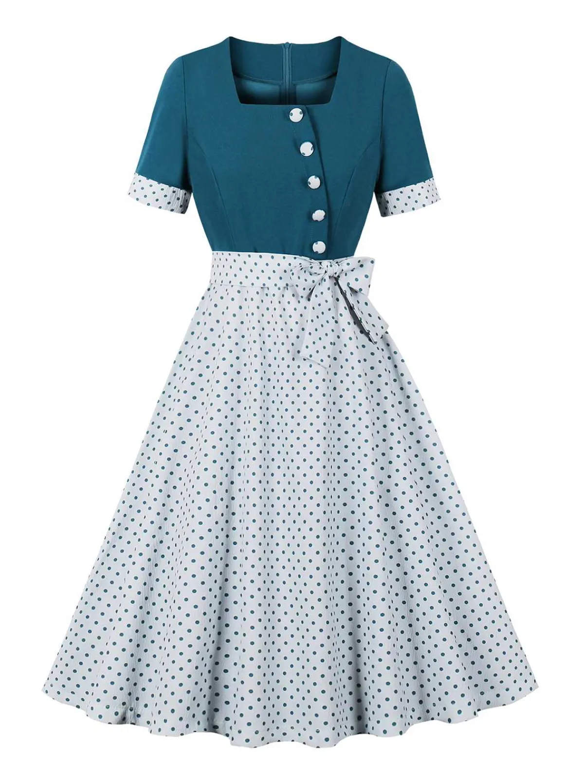 Online Retro Stage 1950s Square Neck Polka Dots Bow Dress Navy Blue
