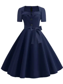Best Retro Stage 1950s Square Neck Short Sleeves Dress