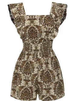 Sale Retro Stage 1960s Square Neck Wrinkle Ruffles Romper Multicolor