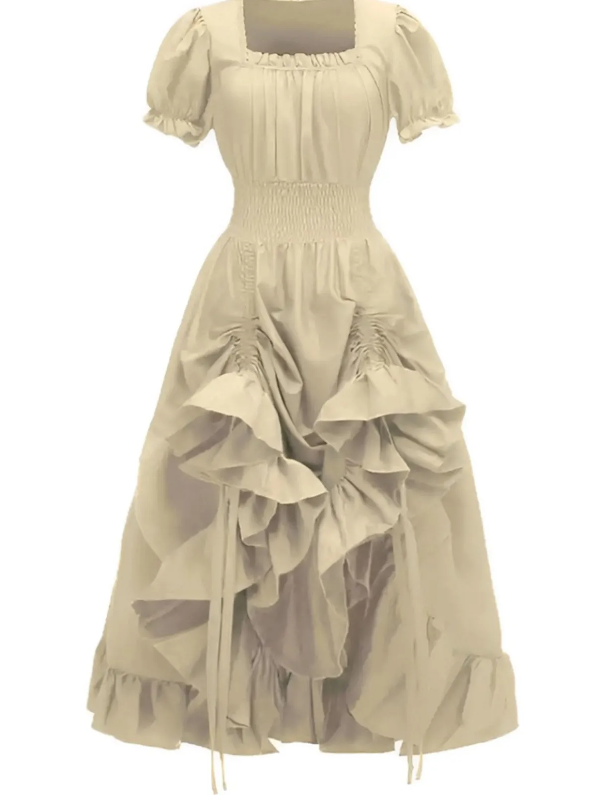 Sale Retro Stage 1930s Square Neck Wrinkles Puff Sleeves Dress