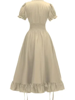 Sale Retro Stage 1930s Square Neck Wrinkles Puff Sleeves Dress