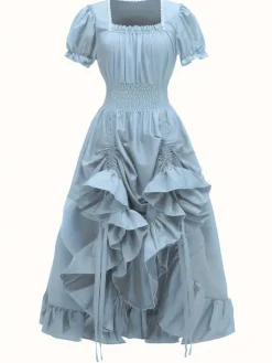 Sale Retro Stage 1930s Square Neck Wrinkles Puff Sleeves Dress