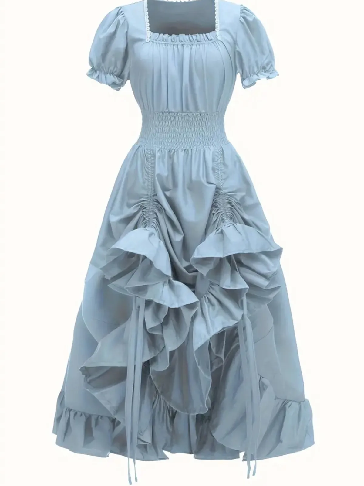Sale Retro Stage 1930s Square Neck Wrinkles Puff Sleeves Dress