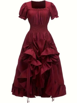 Sale Retro Stage 1930s Square Neck Wrinkles Puff Sleeves Dress