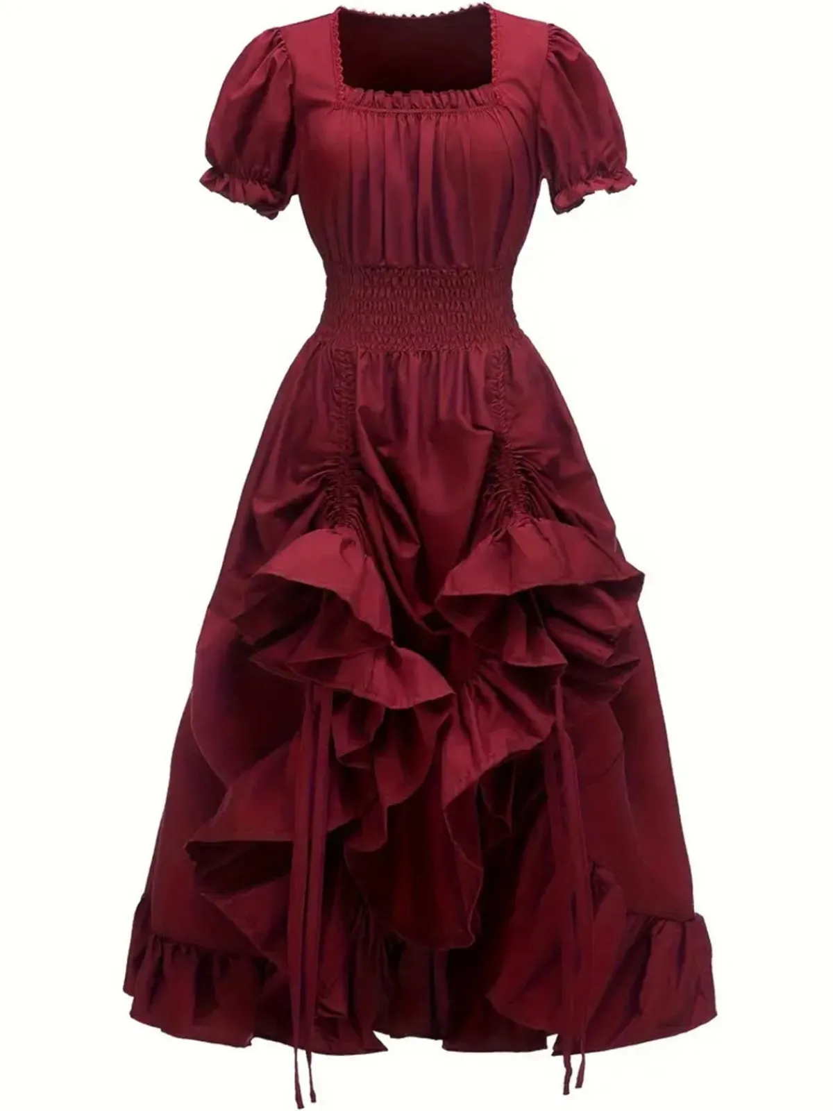 Sale Retro Stage 1930s Square Neck Wrinkles Puff Sleeves Dress