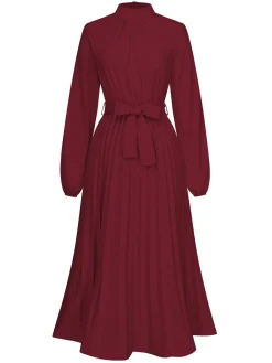 Best Retro Stage 1940s Stand Collar Solid Pleated Dress