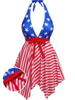 Clearance Retro Stage 1950s Star Stripe Halter Swimsuit Multicolor