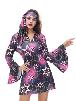 Outlet Retro Stage 1970s Stars Disco Hippie Style Dress With Scarf Multicolor