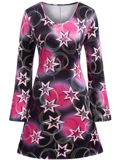 Outlet Retro Stage 1970s Stars Disco Hippie Style Dress With Scarf Multicolor