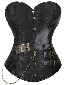 Discount Retro Stage 1980s Steampunk Leather Jacquard Floral Strapless Corset
